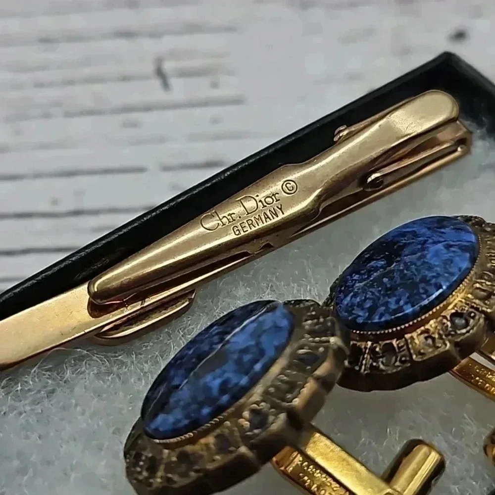 Christian Dior Vintage Gold Tone and Sodalite Cufflinks and tie bar set
